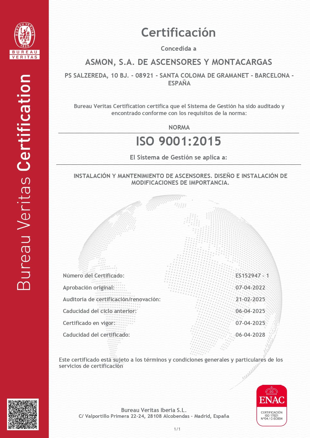 Certificat ISO 9001/2015 i MI